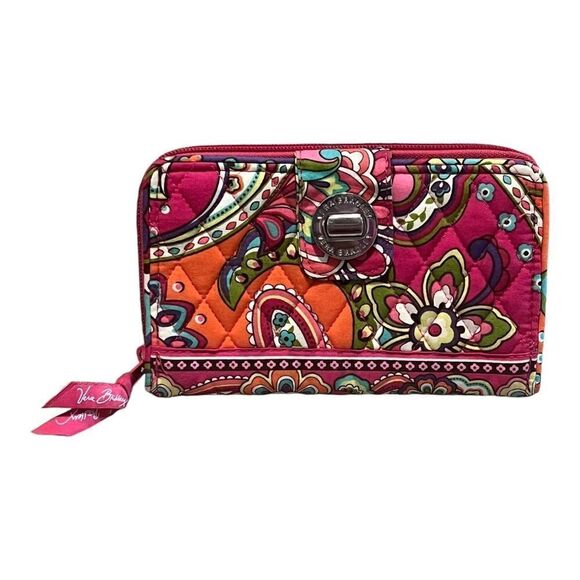 Vera Bradley Pink Swirls Turn Lock Wallet Floral Breast Cancer Pattern EUC - Picture 1 of 5